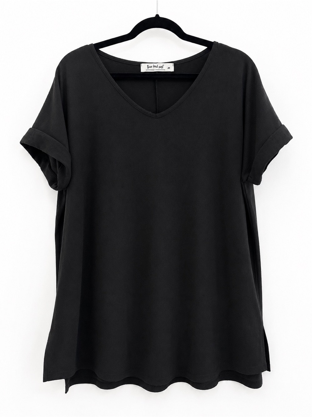 Three Bird Nest Black Oversized V-Neck Rolled Sleeve Top Size M